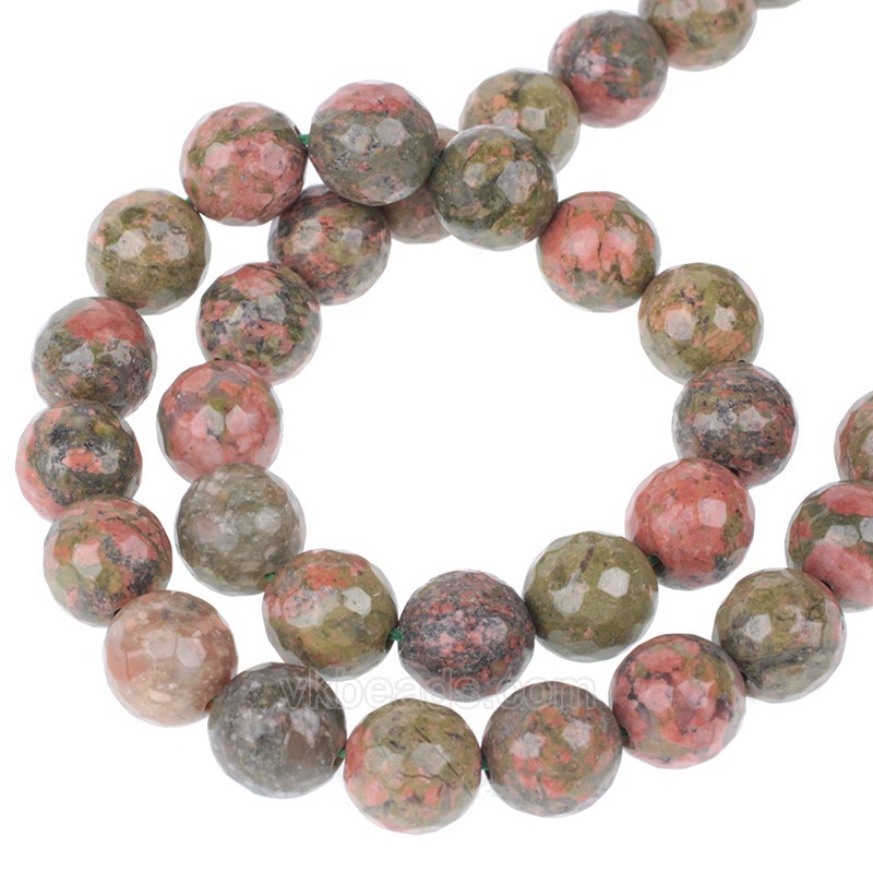 Unakite Faceted Round Beads Strands, 128 Facets, Approx 4-12mm, 38cm/strand