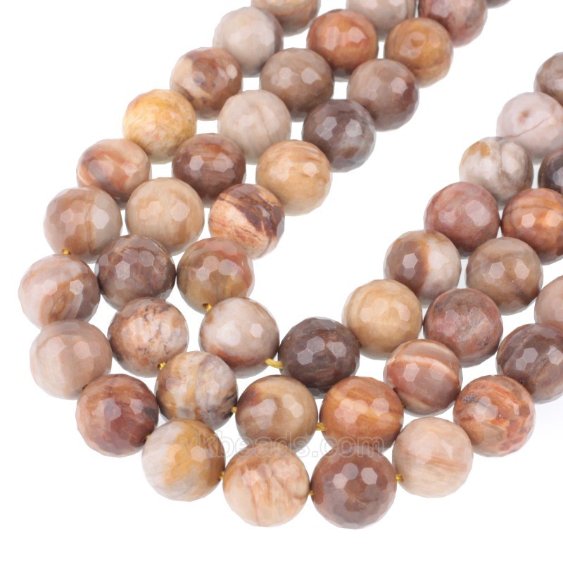 Petrified Wood Jasper Faceted Round Beads Strands, 128 Facets, Approx 4-12mm, 38cm/strand