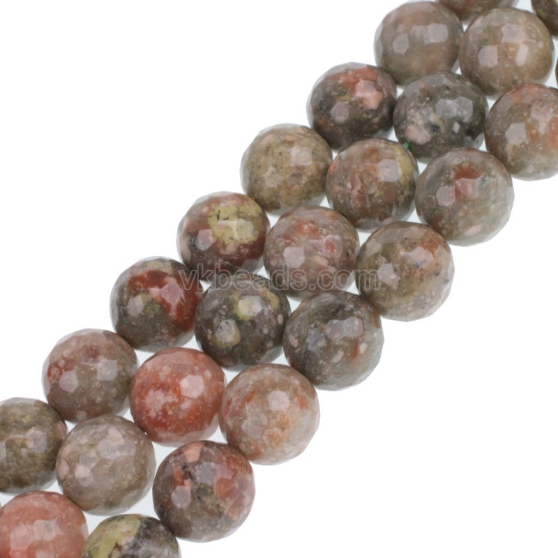 Chinese Unakite Faceted Round Beads Strands, 128 Facets, Approx 4-12mm, 38cm/strand