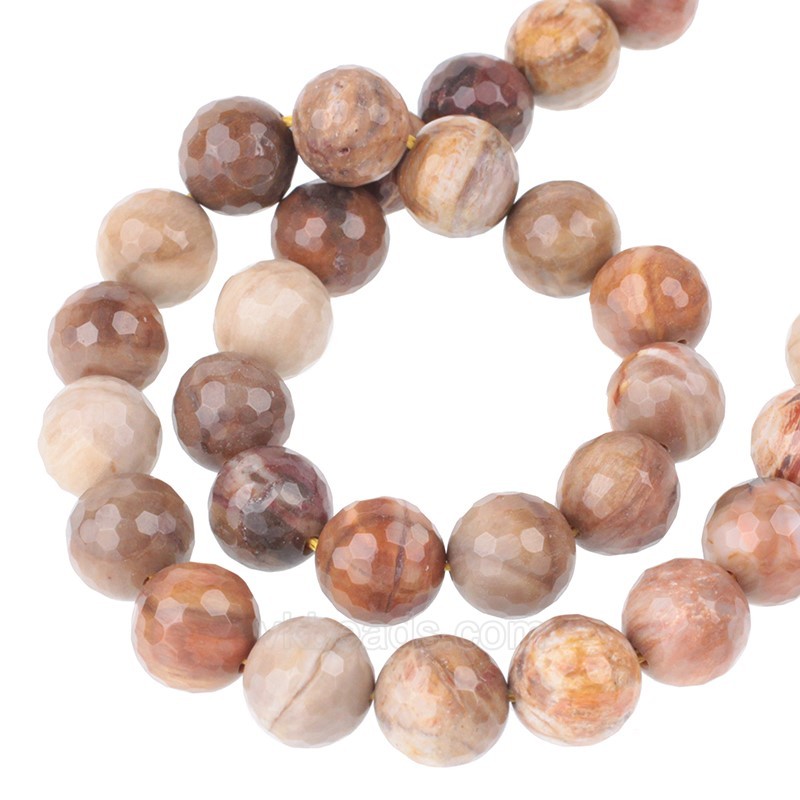 Petrified Wood Jasper Faceted Round Beads Strands, 128 Facets, Approx 4-12mm, 38cm/strand