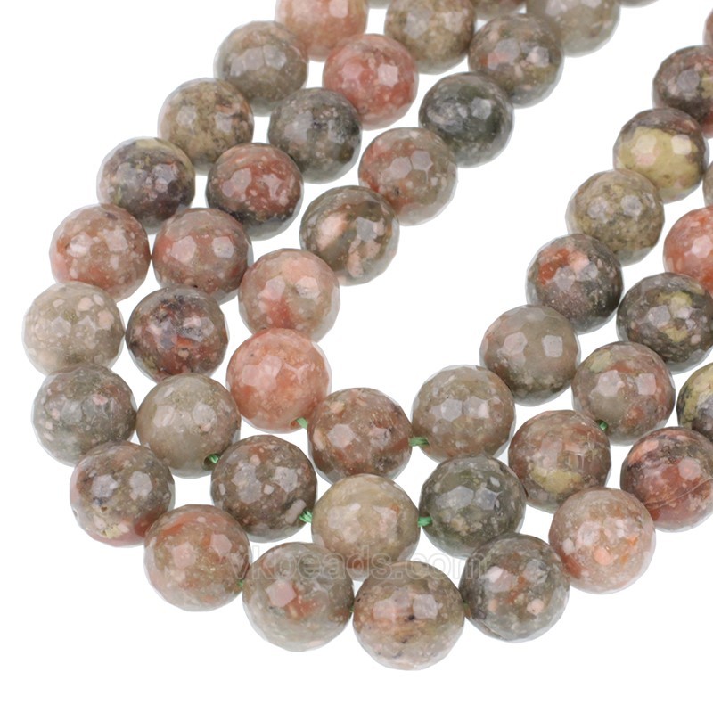 Chinese Unakite Faceted Round Beads Strands, 128 Facets, Approx 4-12mm, 38cm/strand