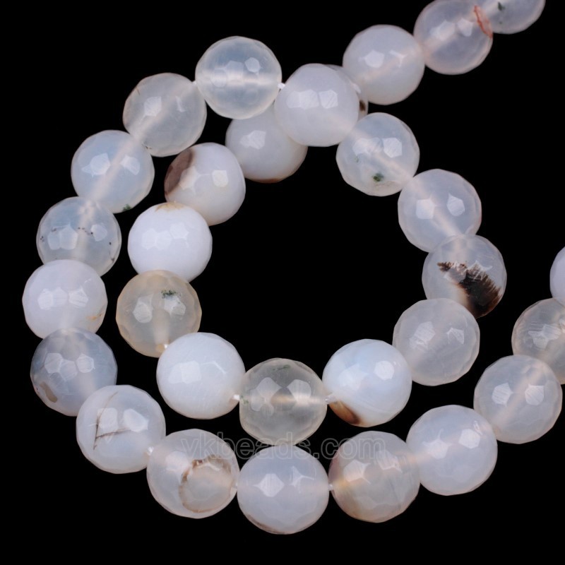 Chinese White Flower Agate Faceted Round Beads Strands, 128 Facets, Approx 4-12mm, 38cm/strand