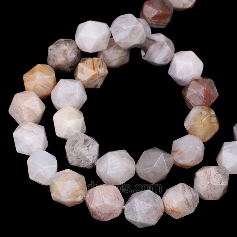 Bamboo Leaf Agate Star Cut Faceted Round Beads Strands, Approx 6-10mm, 38cm/strand