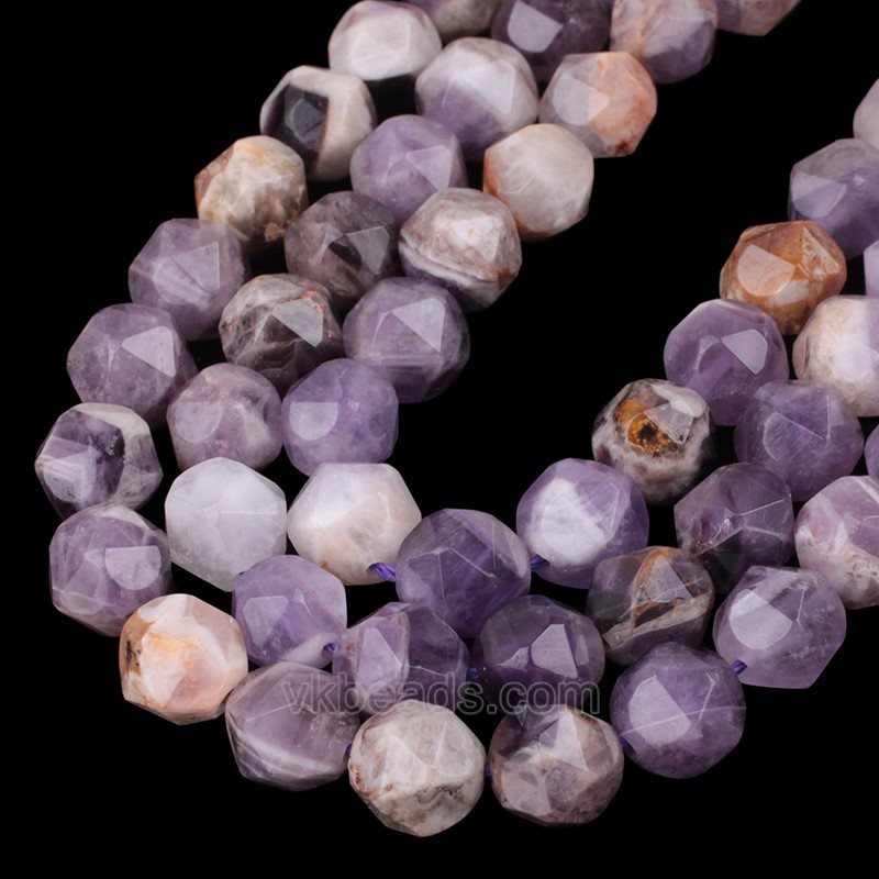 Flower Amethyst Star Cut Faceted Round Beads Strands, Approx 6-10mm, 38cm/strand