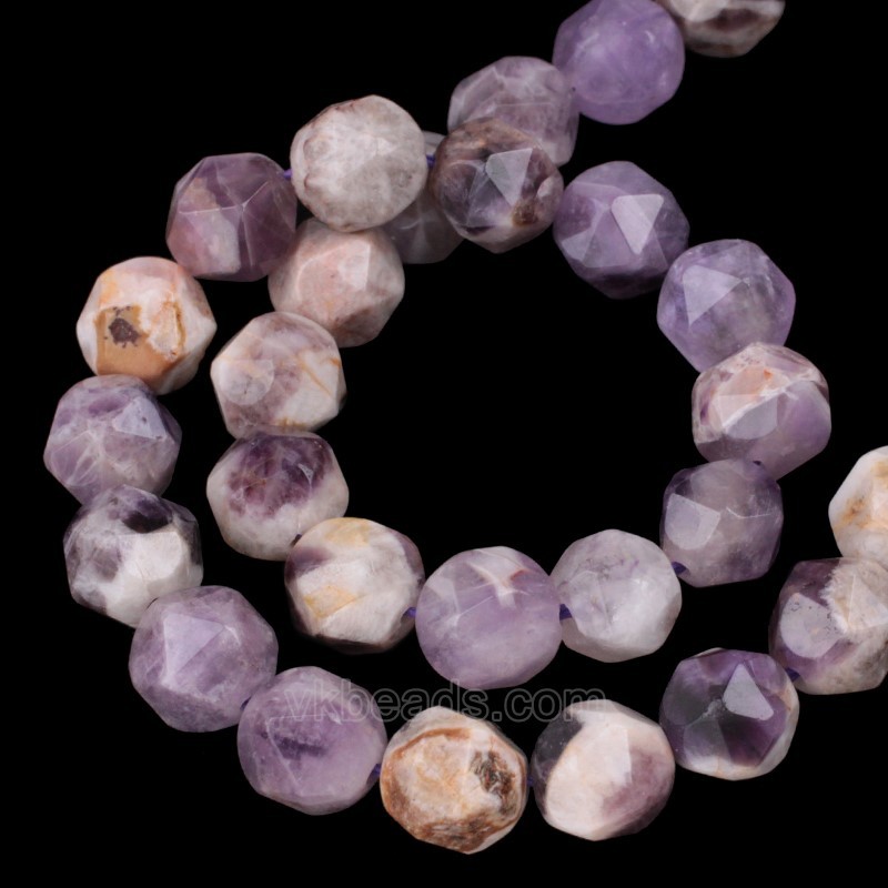Flower Amethyst Star Cut Faceted Round Beads Strands, Approx 6-10mm, 38cm/strand