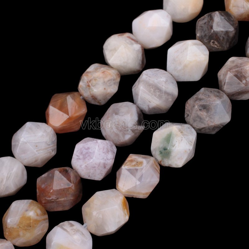 Bamboo Leaf Agate Star Cut Faceted Round Beads Strands, Approx 6-10mm, 38cm/strand