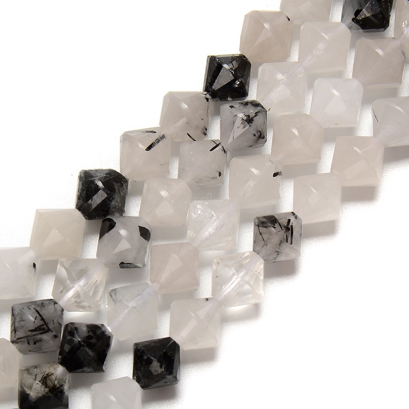 Black Rutilated Quartz Faceted Bicone Beads Strands, Approx 8mm, 38cm/strand