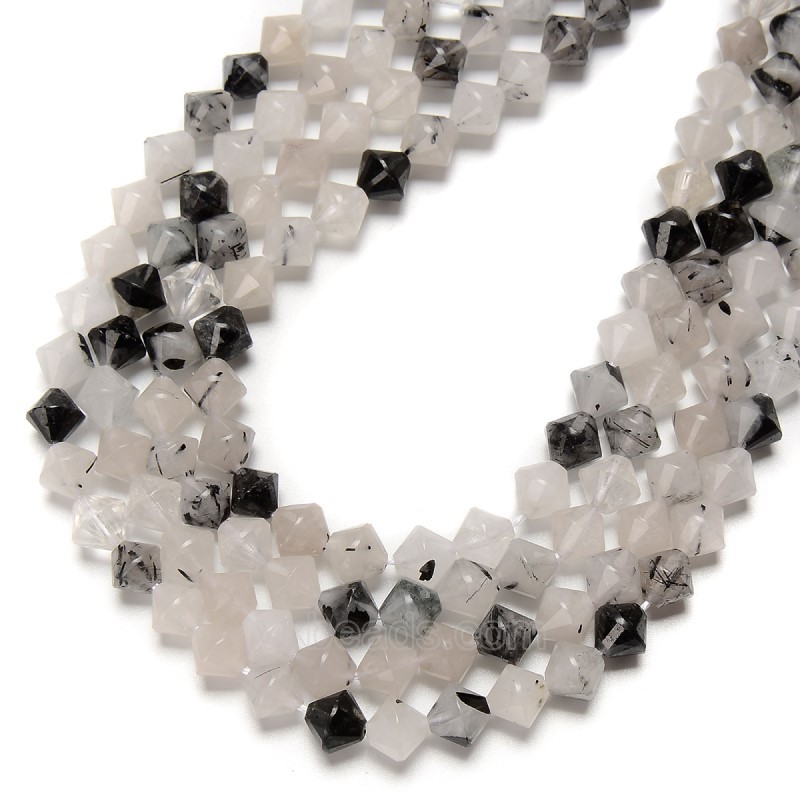 Black Rutilated Quartz Faceted Bicone Beads Strands, Approx 8mm, 38cm/strand