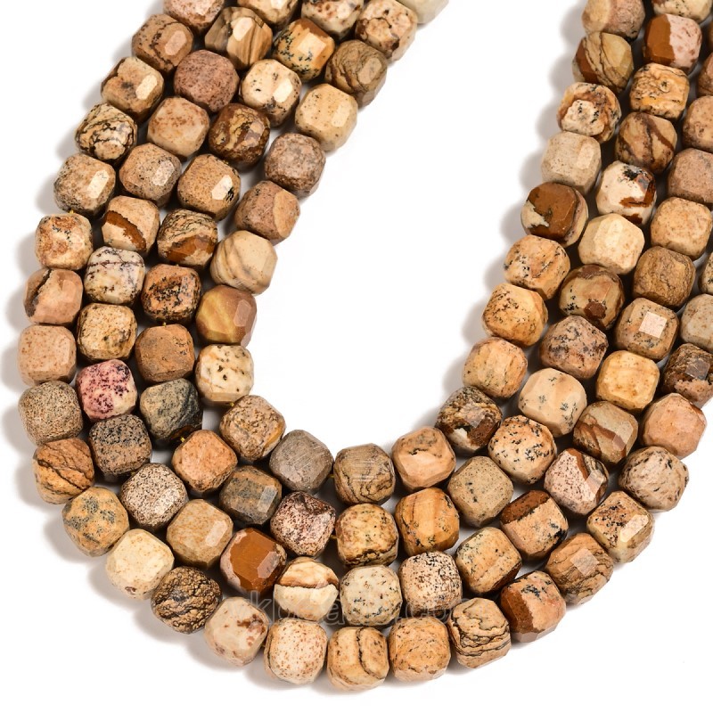 Picture Jasper Faceted Cube Beads Strands, Approx 8-9mm, 38cm/strand