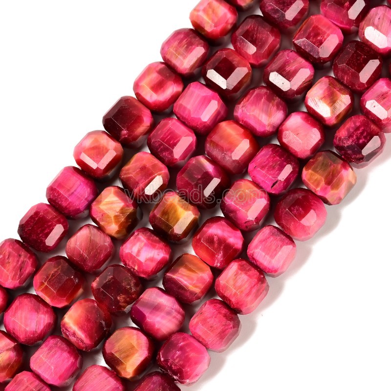 Fuchsia Tiger Eye Faceted Cube Beads Strands, Approx 8-9mm, 38cm/strand