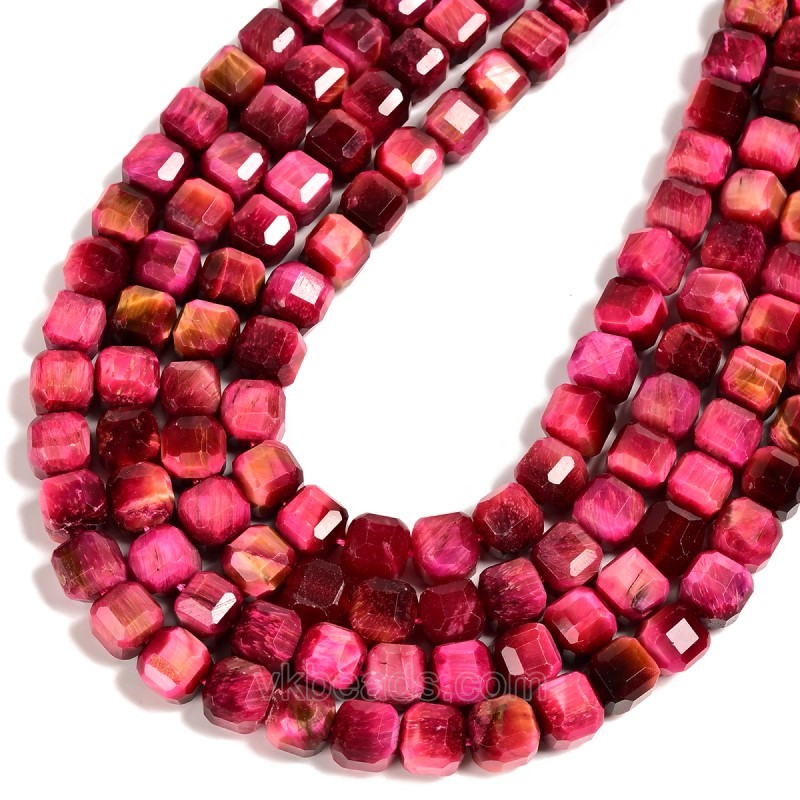 Fuchsia Tiger Eye Faceted Cube Beads Strands, Approx 8-9mm, 38cm/strand