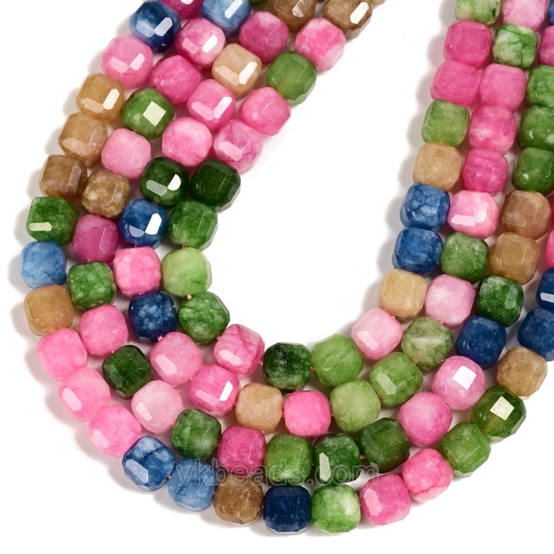 Dyed Multicolor Jade Faceted Cube Beads Strands, Approx 8-9mm, 38cm/strand