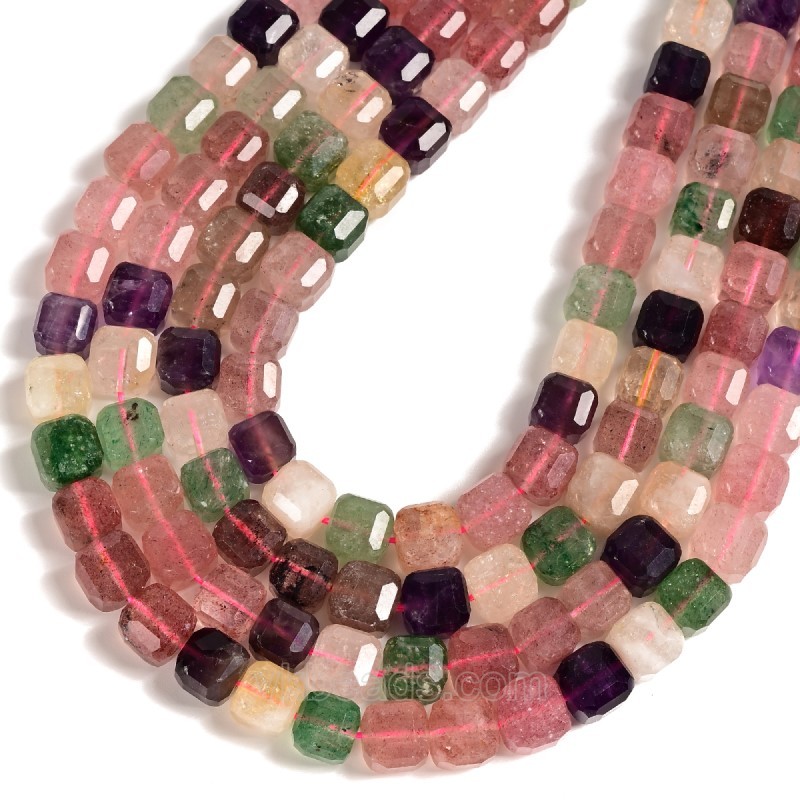 Multicolor Super Seven Quartz Faceted Cube Beads Strands, Approx 8-9mm, 38cm/strand