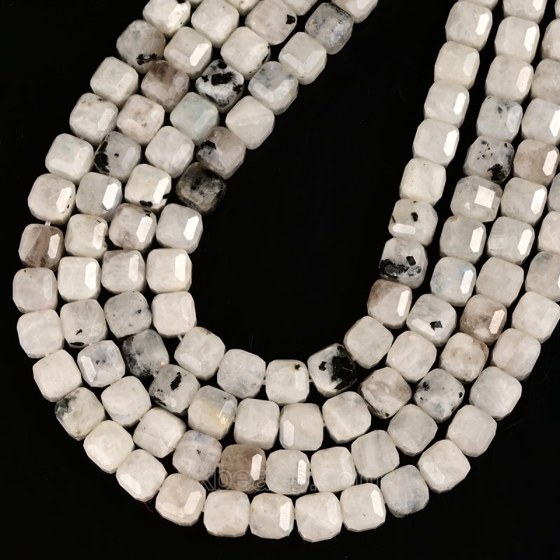 Black Spot White Moonstone Faceted Cube Beads Strands, Approx 8-9mm, 38cm/strand