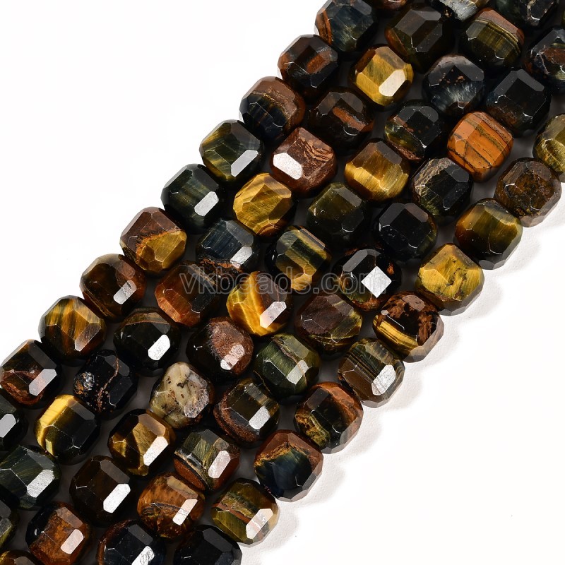 Red Blue Yellow Tiger Eye Faceted Cube Beads Strands, Approx 8-9mm, 38cm/strand