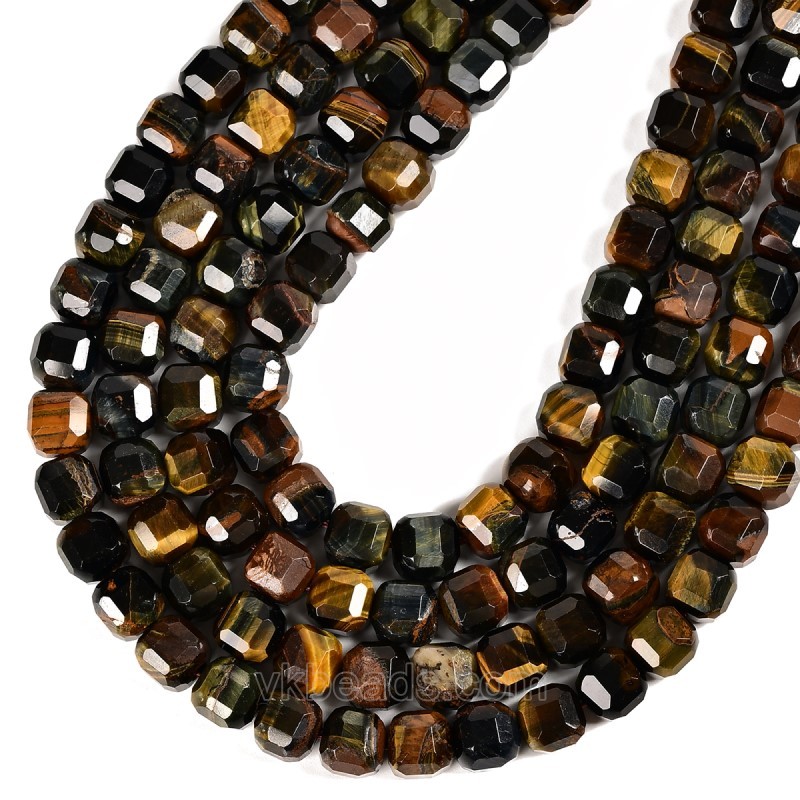 Red Blue Yellow Tiger Eye Faceted Cube Beads Strands, Approx 8-9mm, 38cm/strand