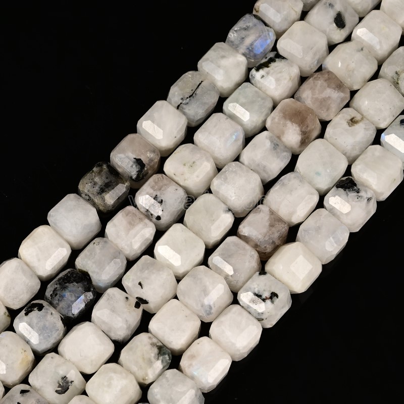 Black Spot White Moonstone Faceted Cube Beads Strands, Approx 8-9mm, 38cm/strand