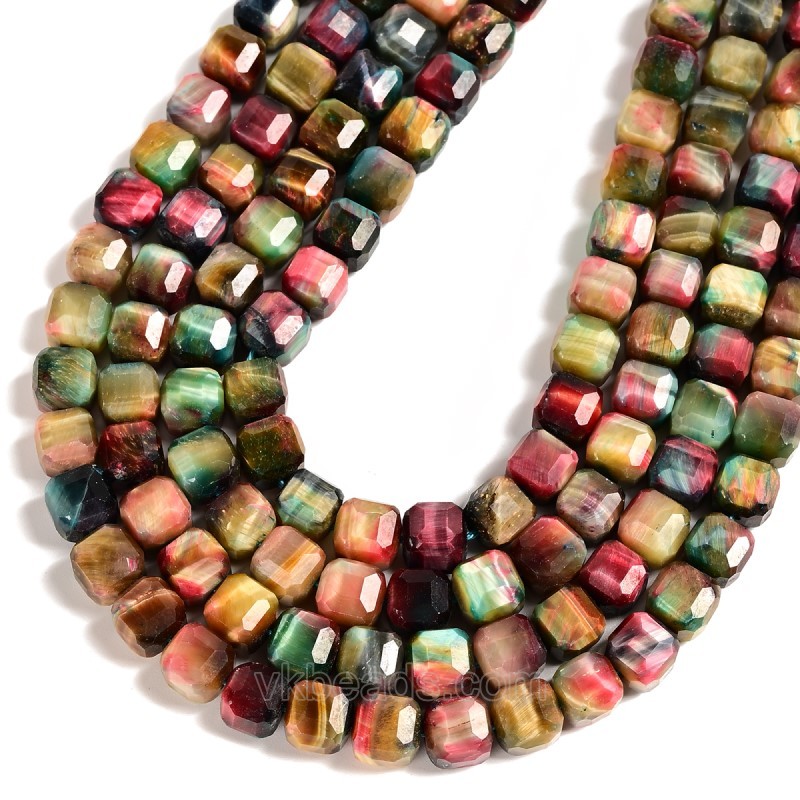 Multicolor Tiger Eye Faceted Cube Beads Strands, Approx 8-9mm, 38cm/strand