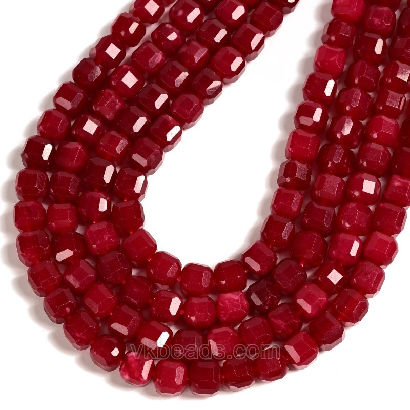Dyed Red Jade Faceted Cube Beads Strands, Approx 8-9mm, 38cm/strand