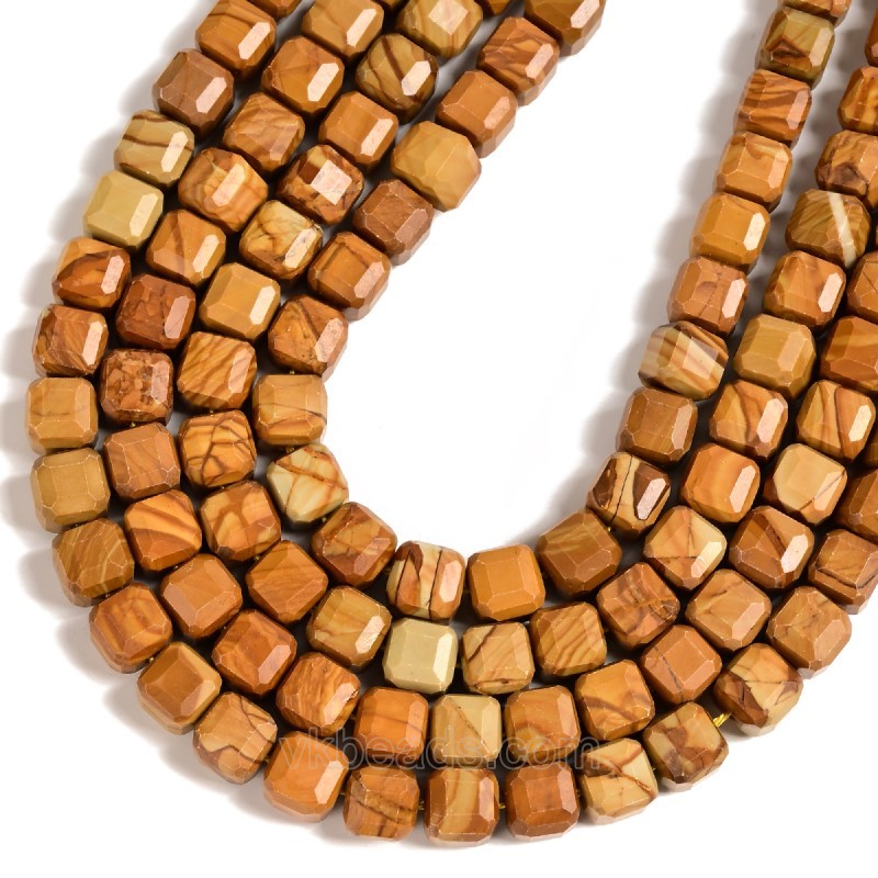 Yellow Wood Lace Stone Faceted Cube Beads Strands, Approx 8-9mm, 38cm/strand