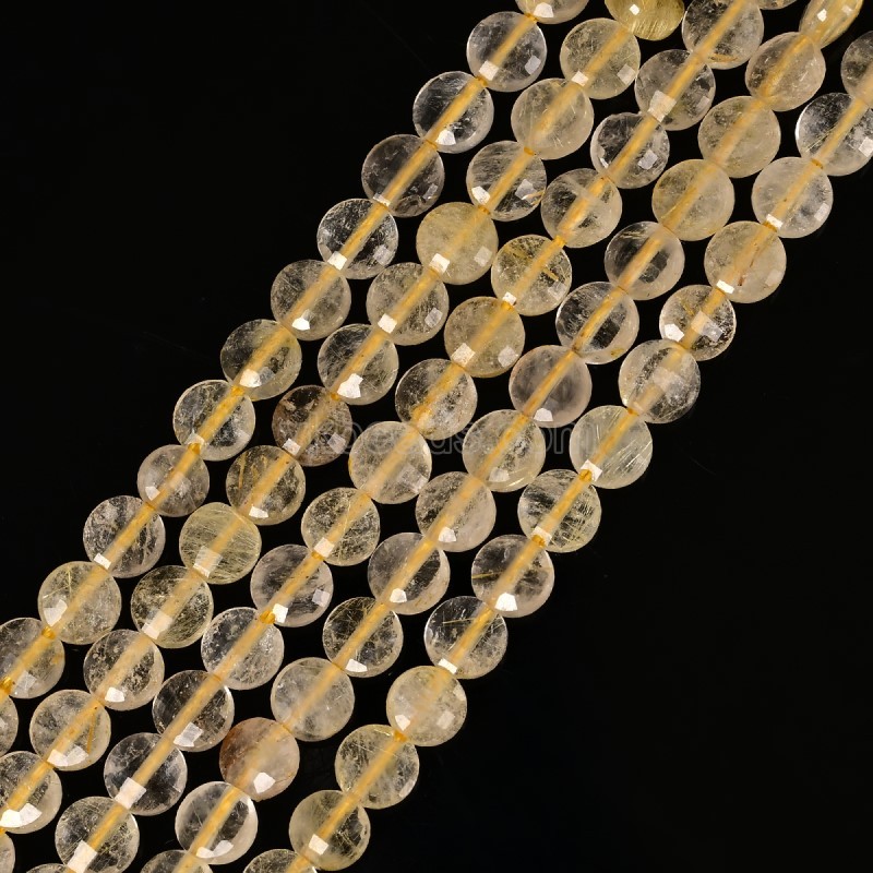 Golden Rutilated Quartz Faceted Flat Round Disc/Coin Beads Strands, Approx 4mm, 38cm/strand