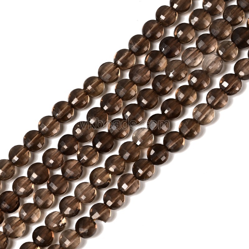 Smoky Quartz Faceted Flat Round Disc/Coin Beads Strands, Approx 4mm, 38cm/strand