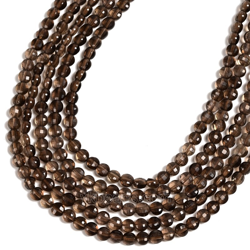 Smoky Quartz Faceted Flat Round Disc/Coin Beads Strands, Approx 4mm, 38cm/strand