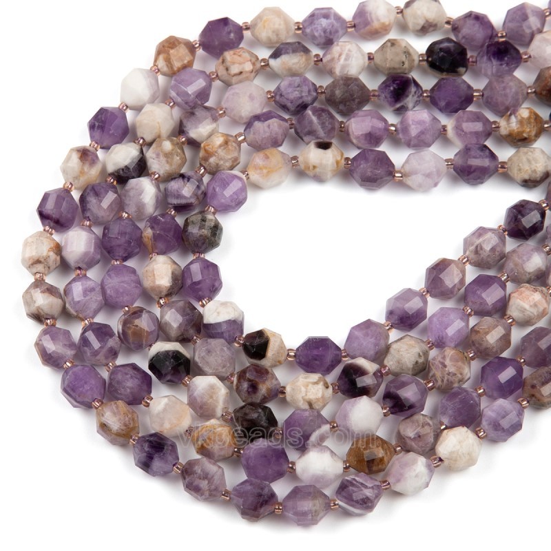 Flower Amethyst Prism Cut Double Terminated Point Faceted Round Beads Strands, Approx 8mm, Approx 38cm/strand