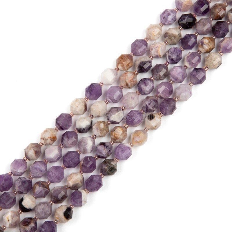 Flower Amethyst Prism Cut Double Terminated Point Faceted Round Beads Strands, Approx 8mm, Approx 38cm/strand