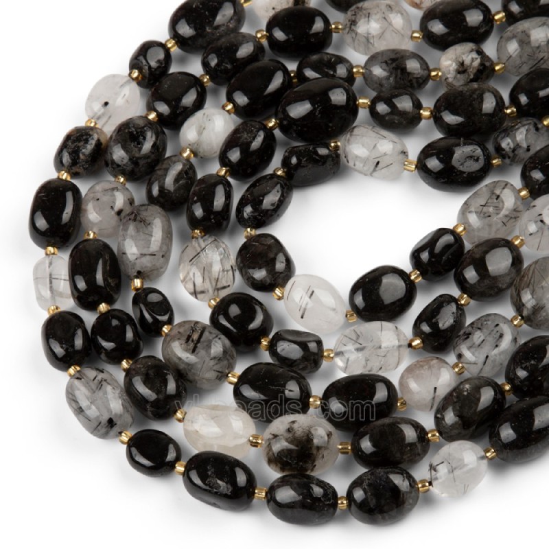 Black Rutilated Quartz Through-drilled Smooth Freeform Nugget Beads Strands, Approx 10-14x12-20mm, 38cm/strand