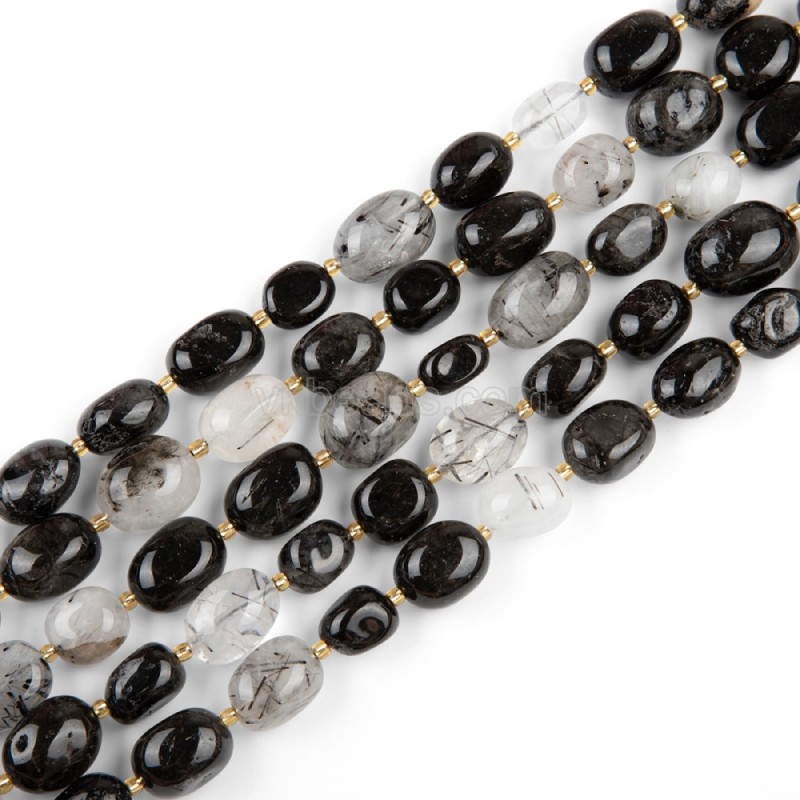 Black Rutilated Quartz Through-drilled Smooth Freeform Nugget Beads Strands, Approx 10-14x12-20mm, 38cm/strand