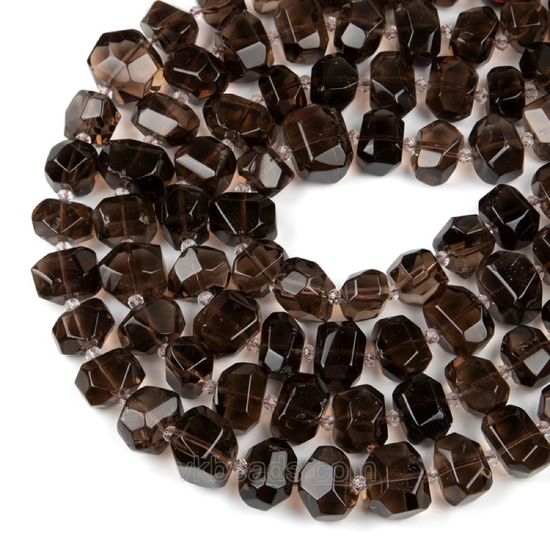 Smoky Quartz Center-drilled Faceted Freeform Nugget Beads Strands, Approx 10-14x12-20mm, 38cm/strand