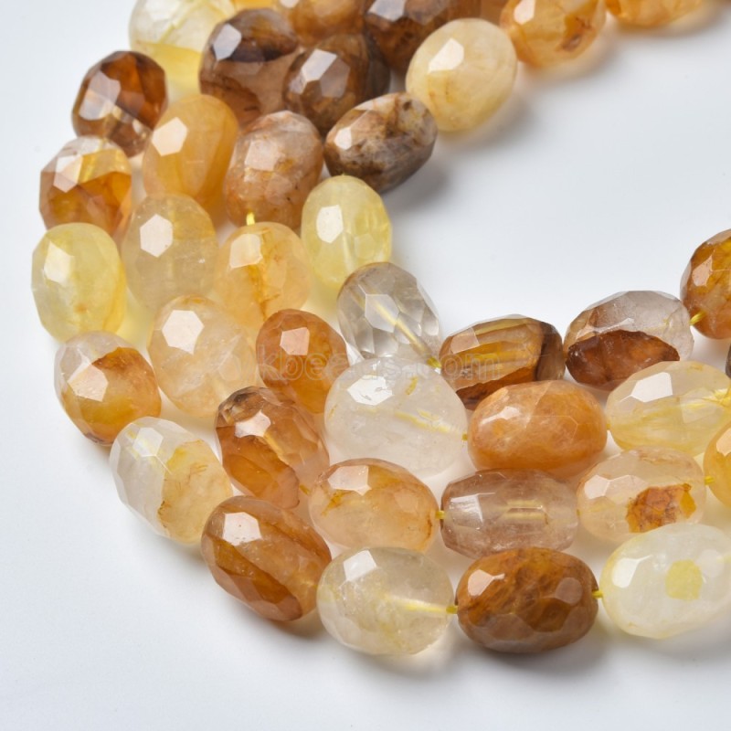 Yellow Hematoid Quartz/Fire Quartz Through-drilled Faceted Freeform Nugget Beads Strands, Approx 10-14x12-20mm, 38cm/strand