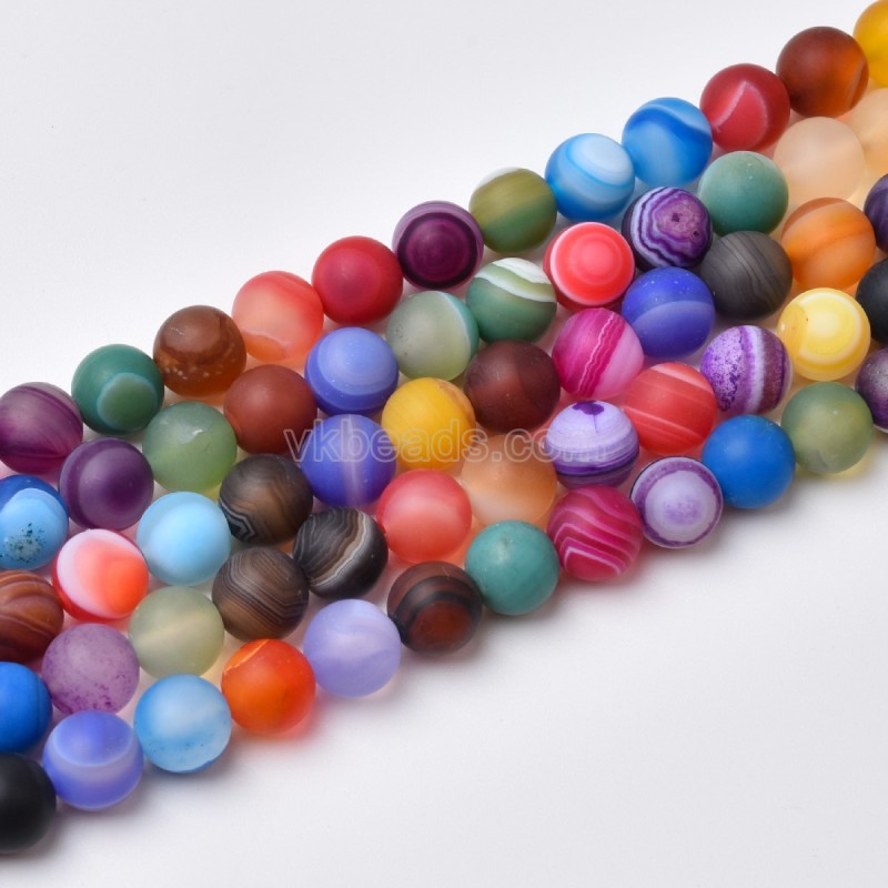 Multicolor Lace/Banded Agate Matte Round Beads Strands, Approx 6-12mm, 38cm/strand
