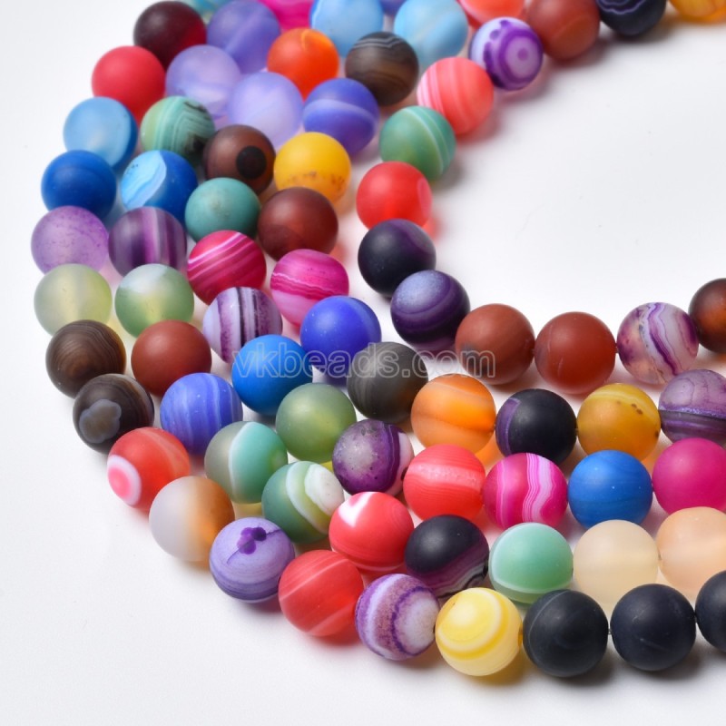 Multicolor Lace/Banded Agate Matte Round Beads Strands, Approx 6-12mm, 38cm/strand