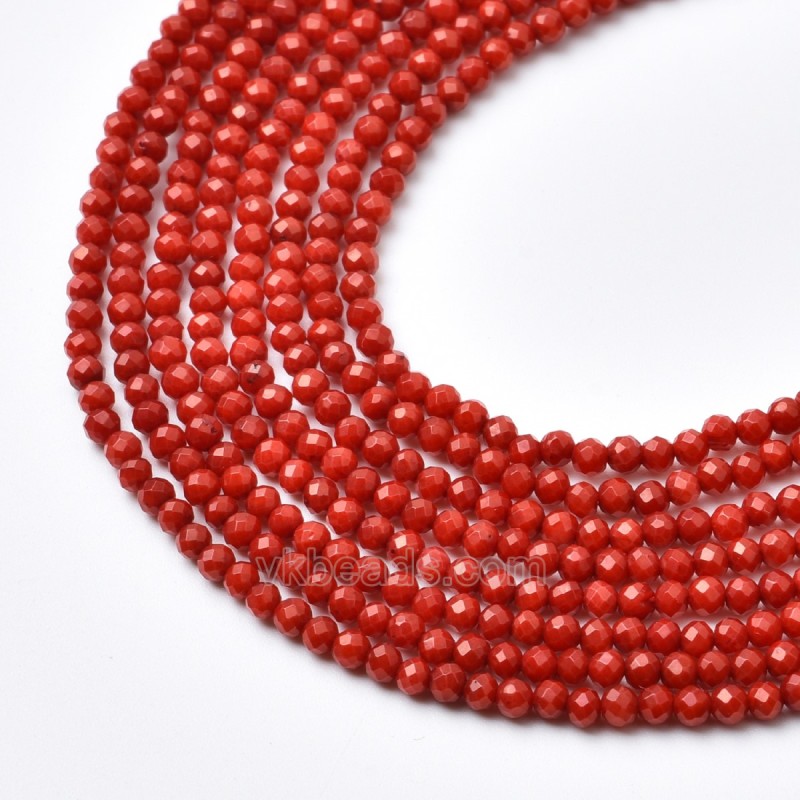 Red Coral Faceted Round Beads Strands, Approx 2-3mm, 38cm/strand
