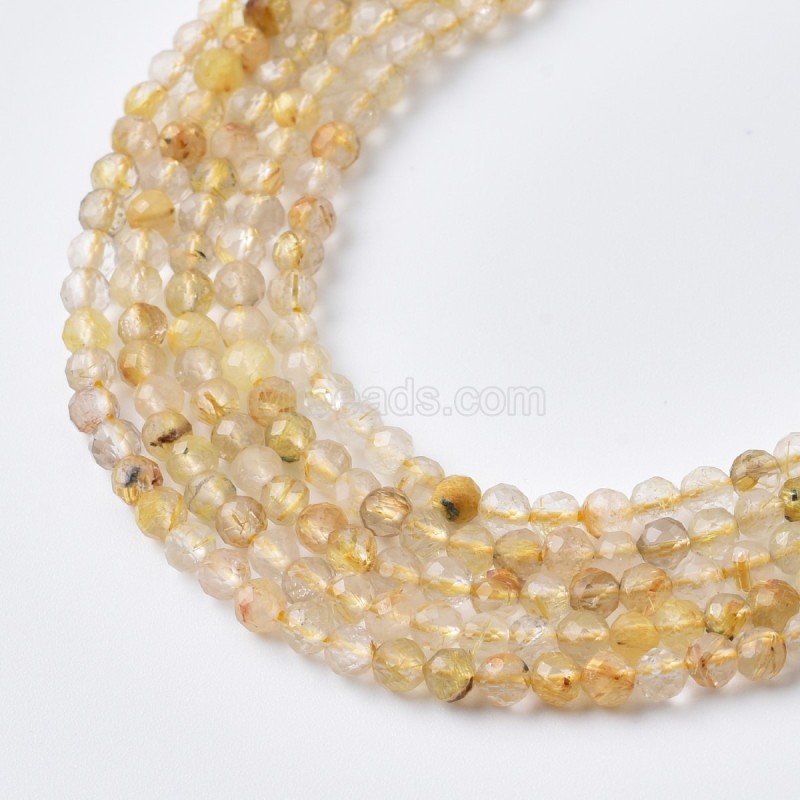 Golden Rutilated Quartz Faceted Round Beads Strands, Approx 2-3mm, 38cm/strand