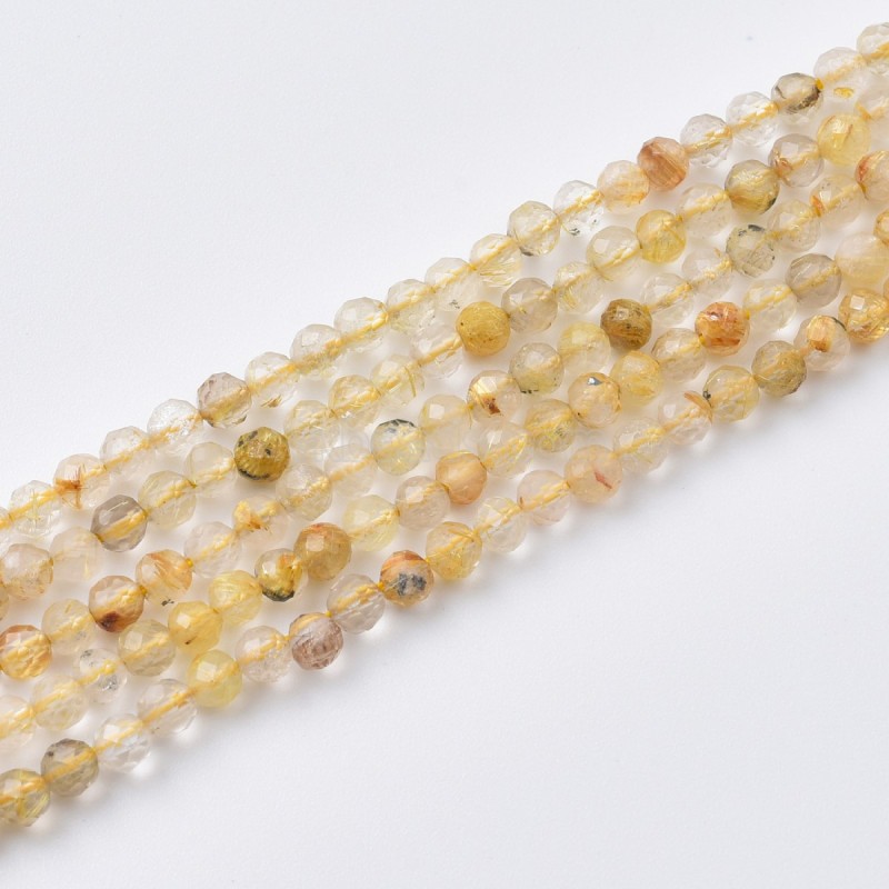 Golden Rutilated Quartz Faceted Round Beads Strands, Approx 2-3mm, 38cm/strand