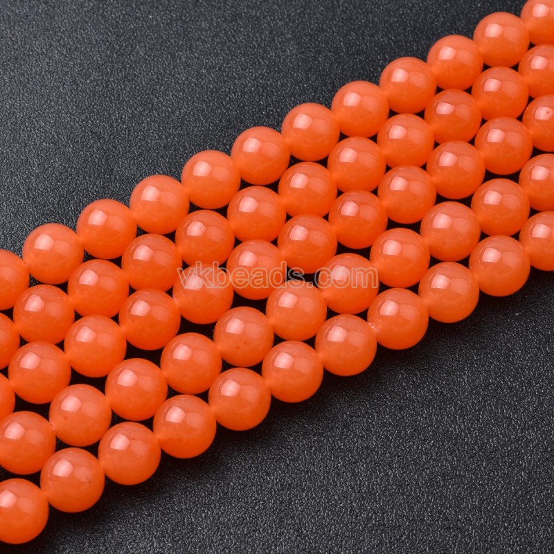 Dyed Orange Red Color Jade Smooth Round Beads Strands, Approx 4-12mm, 38cm/strand