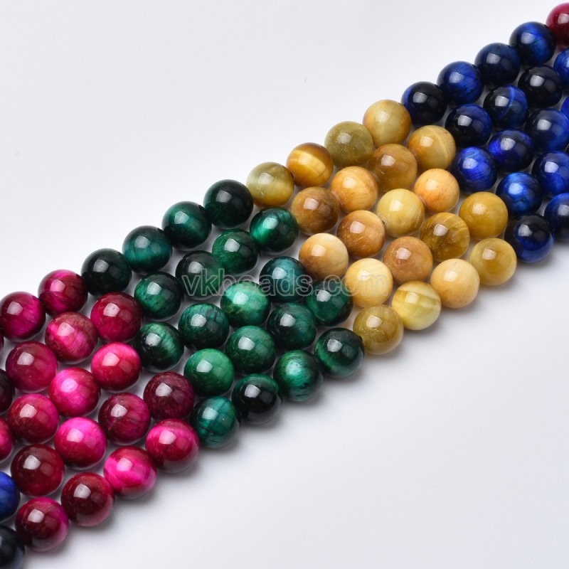 Gradient Tiger Eye(Purple+Lapis Lazuli Blue+Lake Blue+Green+Golden+Yellow+Fuchsia+Red) Smooth Round Beads Strands, Approx 6-10mm, Approx 38cm/strand