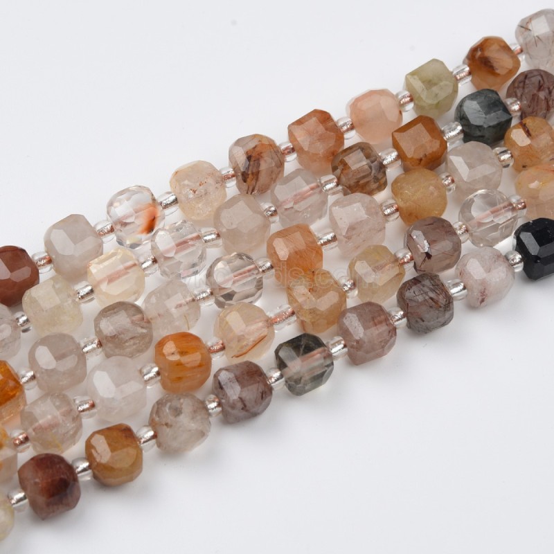 Multicolor Rutilated Quartz Faceted Cube Beads Strands, Approx 8mm, 38cm/strand