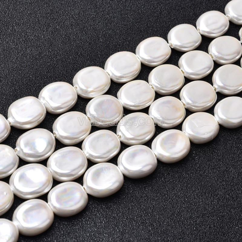 White Shell Pearl Flat Round Disc/Coin Beads Strands, Approx 12x14-16mm, 38cm/strand