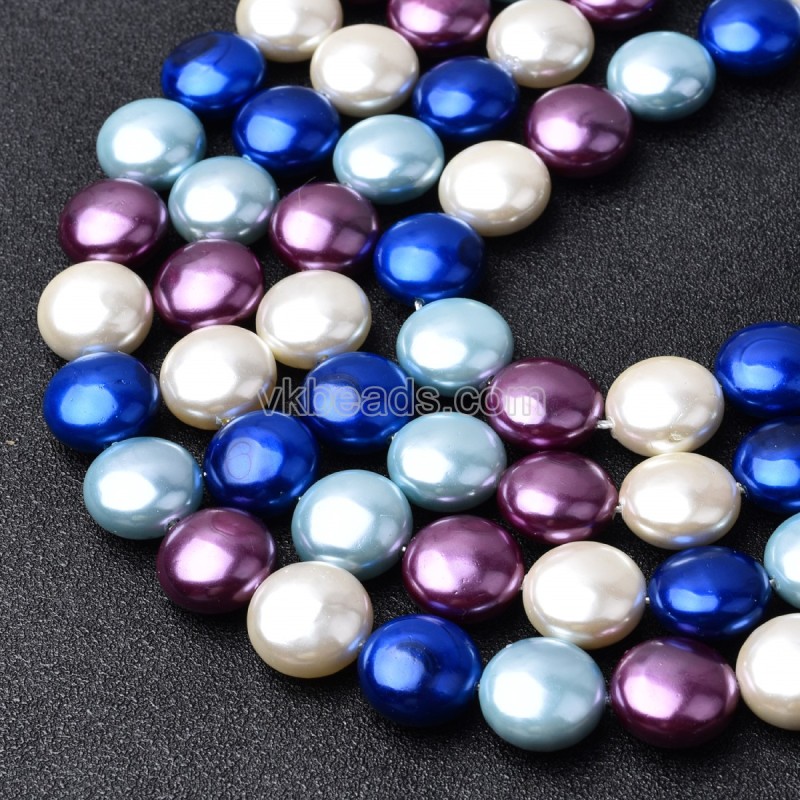 Multicolor Shell Pearl Flat Round Puffy Disc/Coin Beads Strands, Approx 14mm, 38cm/strand