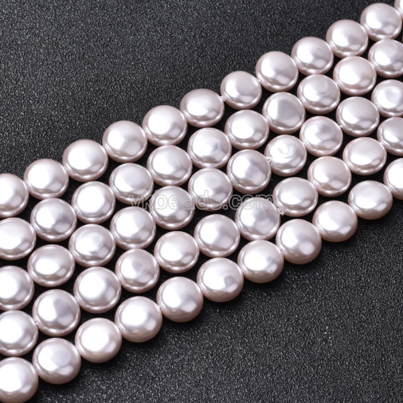 Light Pink Shell Pearl Flat Round Puffy Disc/Coin Beads Strands, Approx 10mm, 38cm/strand