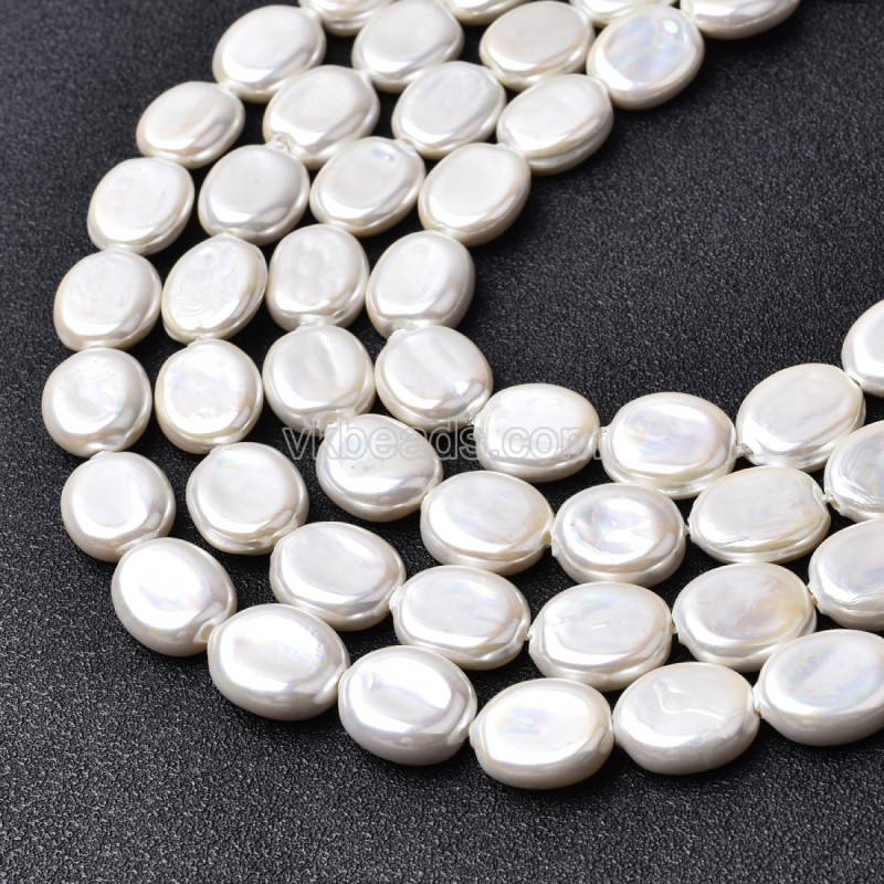White Shell Pearl Flat Round Disc/Coin Beads Strands, Approx 12x14-16mm, 38cm/strand