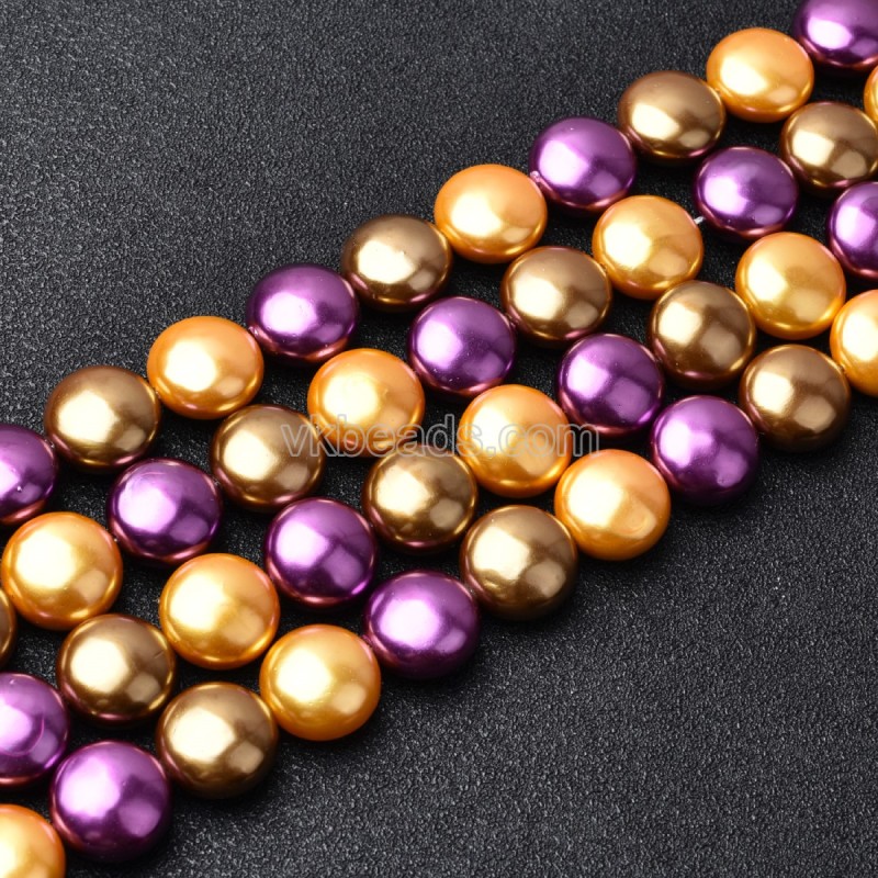 Multicolor Shell Pearl Flat Round Puffy Disc/Coin Beads Strands, Approx 14mm, 38cm/strand