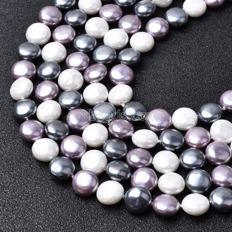 Multicolor Shell Pearl Flat Round Puffy Disc/Coin Beads Strands, Approx 10mm, 38cm/strand
