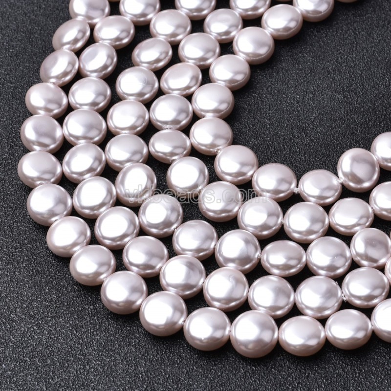 Light Pink Shell Pearl Flat Round Puffy Disc/Coin Beads Strands, Approx 10mm, 38cm/strand