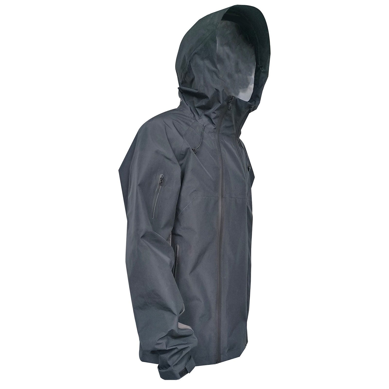 Leistungsstarke schwarze Regenjacke mit Unterarmbelüftung zum Wandern