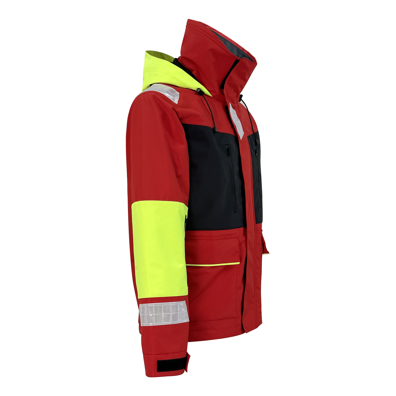 Red High-Neck Sailing Jacket with Neon Green Elbows and Hood